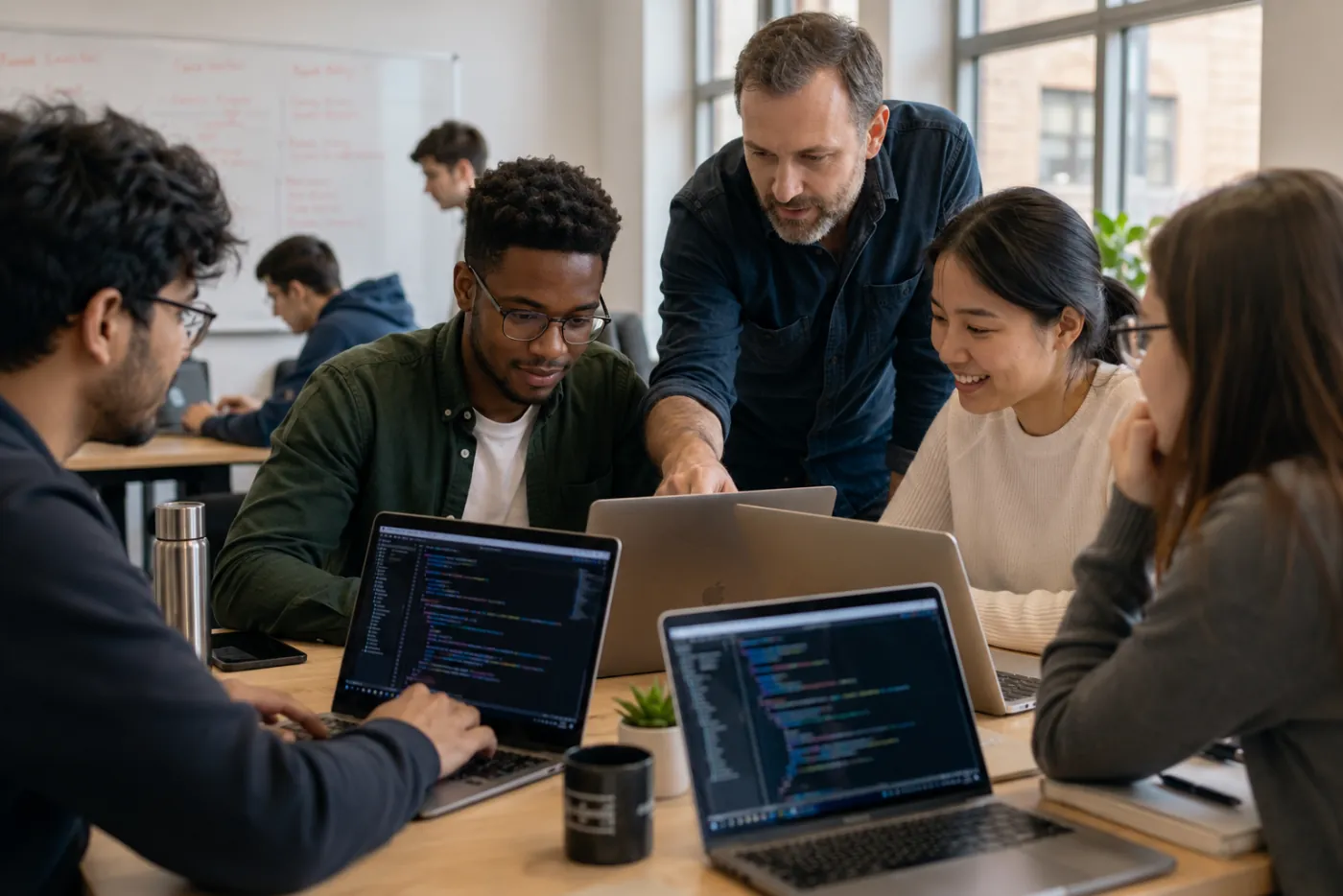 Ein Dozent begleitet einen Lernenden beim Programmieren am Laptop